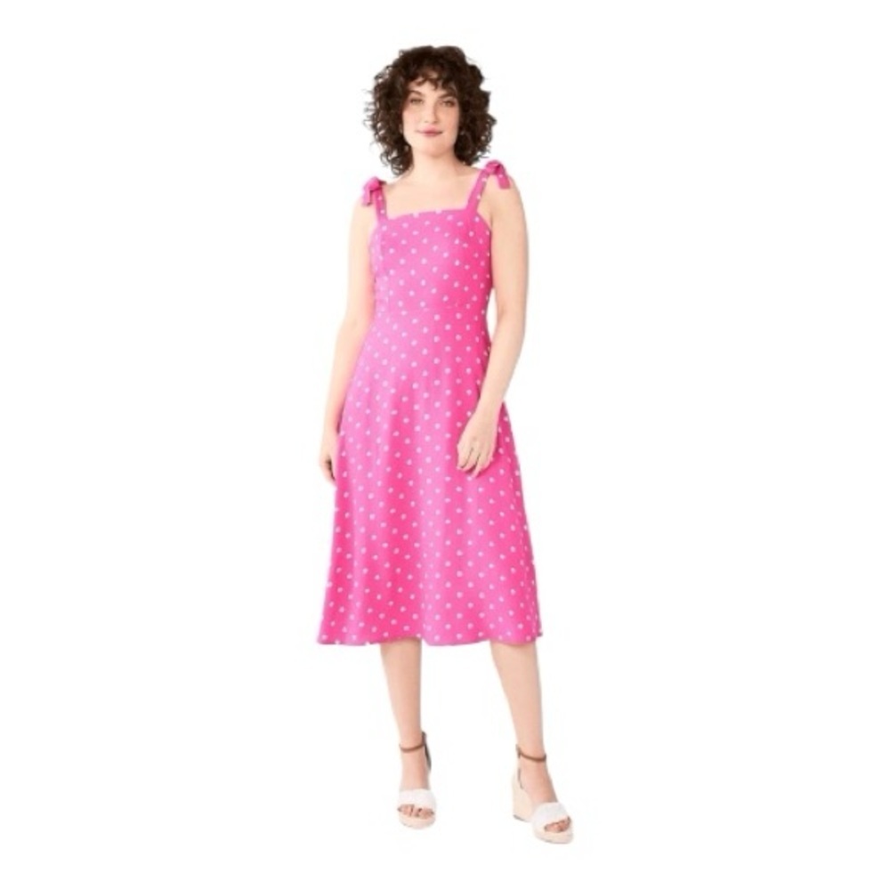Draper James NWT Pink/White Polka Dot with Tie Bow Strap Midi Dress Size Small
